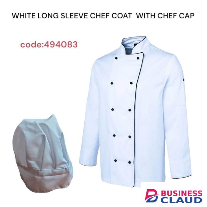 White Long Sleeve Chef Coat with Cap, Professional Kitchen Jacket for Chefs, Bakers, and Culinary Staff, Durable Breathable Workwear Uniform with Matching Hat for Restaurants and Catering