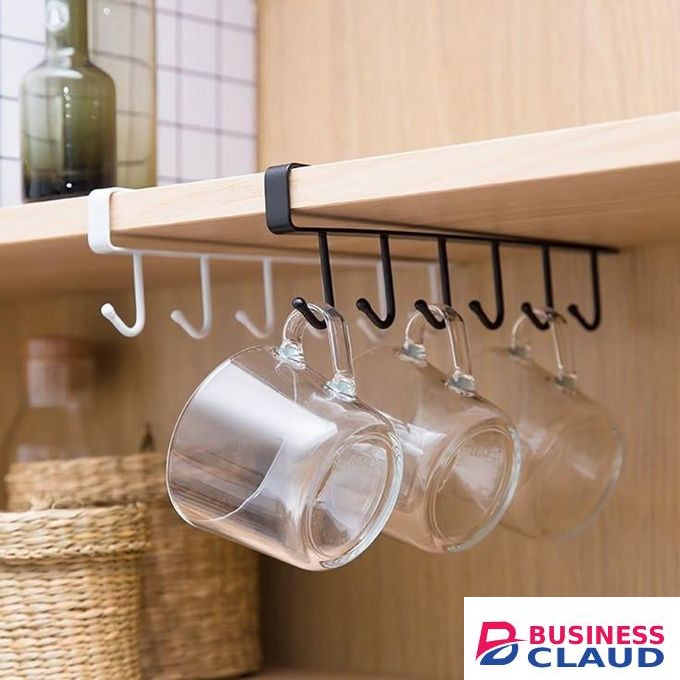 2PCS Metal 6 Hook Under Shelf Cabinet Rack for Coffee Cup, Mug, Wine Glass, Tie Hooks, Keys Hooks, Hanging Belts Scarf Organizer Kitchen Utensils Holder Rack Organizer Stand for Kitchen Counter