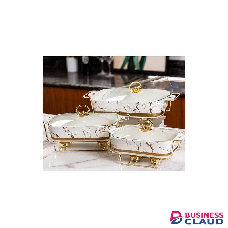 3pc Rectangular Ceramic Marble Food Warmers With Glass Lids