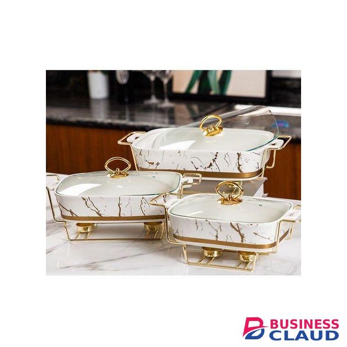 3pc Rectangular Ceramic Marble Food Warmers With Glass Lids