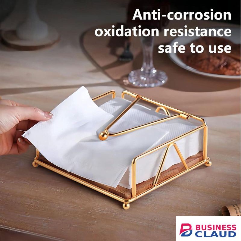 Elegant Flat Paper Napkin Holder with Dispenser Arm - Gold Napkin Holders for Table, Kitchen, Countertops & Outdoor Tables - Napkins Dispenser Square Metal Lattice Basket Dinner Napkin Holder