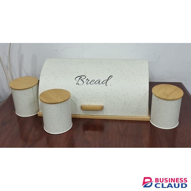 Bread Box and Ceramic Butter Dish with 3 Airtight Kitchen Canisters Farmhouse
