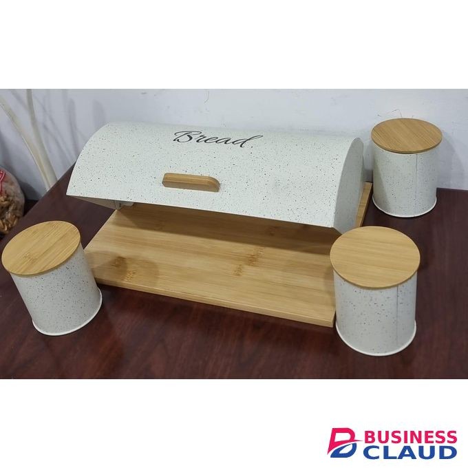 Bread Box and Ceramic Butter Dish with 3 Airtight Kitchen Canisters Farmhouse