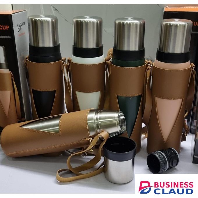 1200ml Camping Thermocup in Leather Carrier Bag – Insulated Travel Mug for Outdoor Hiking, Picnic, Coffee, Tea, Hot & Cold Drinks, Leakproof Stainless Steel Bottle with Handle