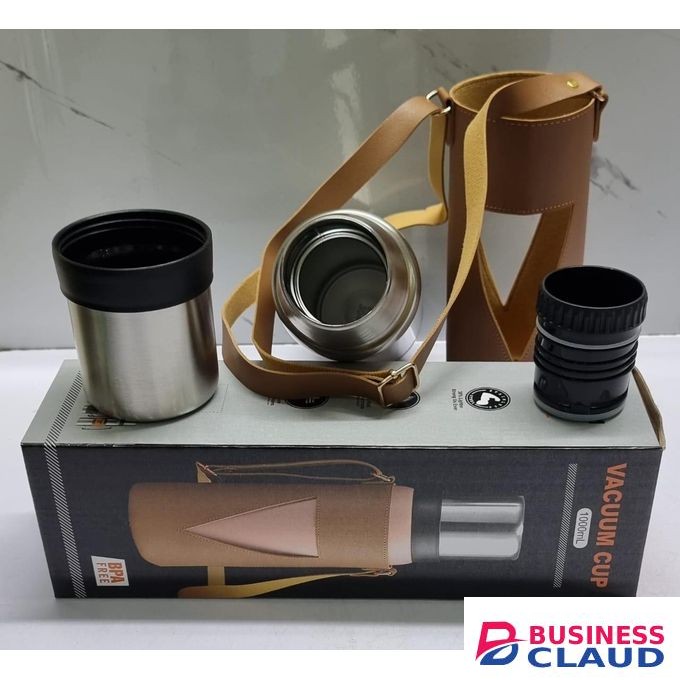 1200ml Camping Thermocup in Leather Carrier Bag – Insulated Travel Mug for Outdoor Hiking, Picnic, Coffee, Tea, Hot & Cold Drinks, Leakproof Stainless Steel Bottle with Handle