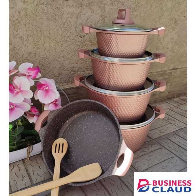 UNIQUE 12pc Non Stick Unique Granite Pot Set With Glass Lids-Peach