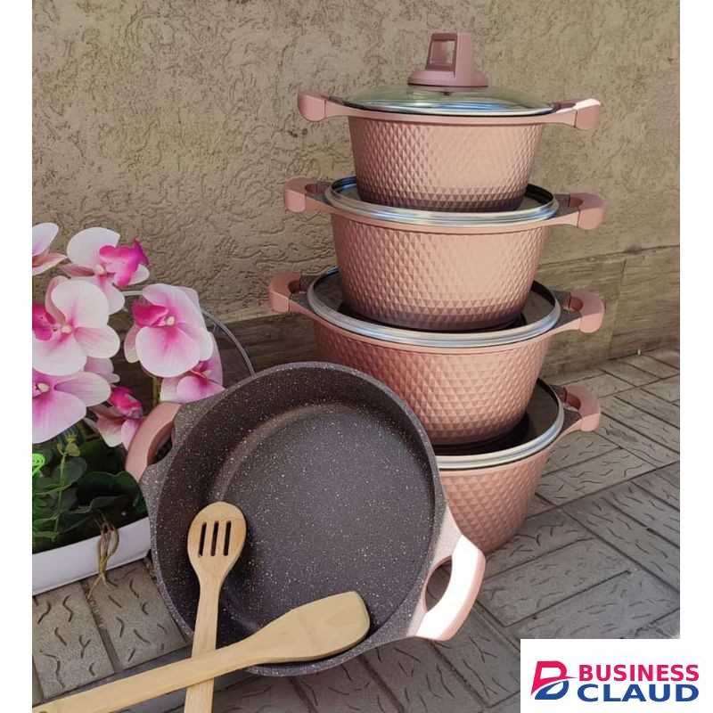 UNIQUE 12pc Non Stick Unique Granite Pot Set With Glass Lids-Peach