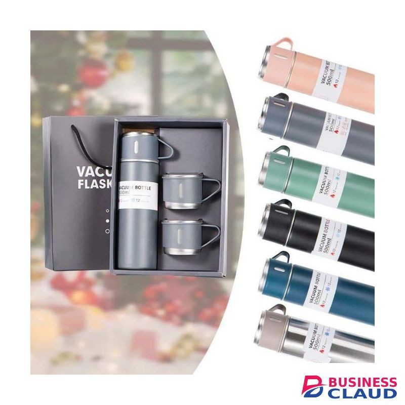 500ml Insulated Travel Stainless Steel Vacuum Water Bottle Gift Set with 3 Cups for Hot and Cold Beverages Ideal for Christmas, Office, Outdoor, and Everyday Use Durable and Stylish- Assorted Colors