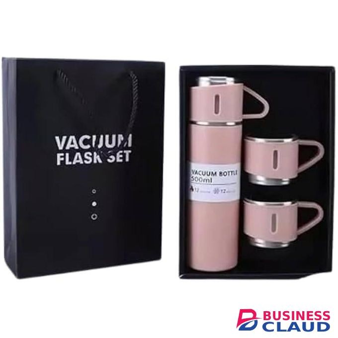 3 In 1 Vacuum Insulated Thermos Flasks 500ml With 3 Cups Gift Set (In Gift Box) - Pink