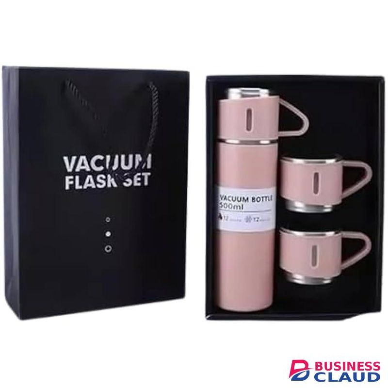 3 In 1 Vacuum Insulated Thermos Flasks 500ml With 3 Cups Gift Set (In Gift Box) - Pink