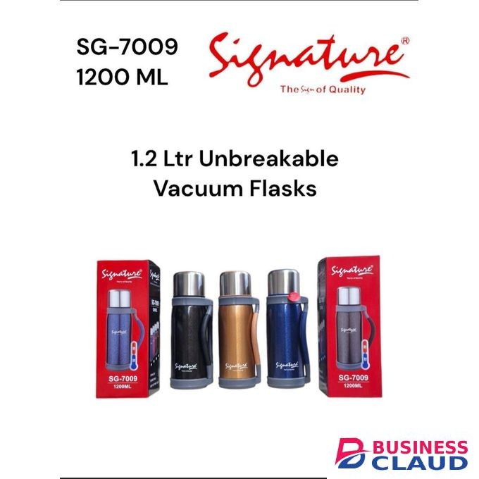 Signature 1.2ltr Stainless Steel Flask Vacuum Insulated Hot Cold Bottle Leak Proof Durable Travel Friendly Portable Thermos for Home Office Outdoor Use