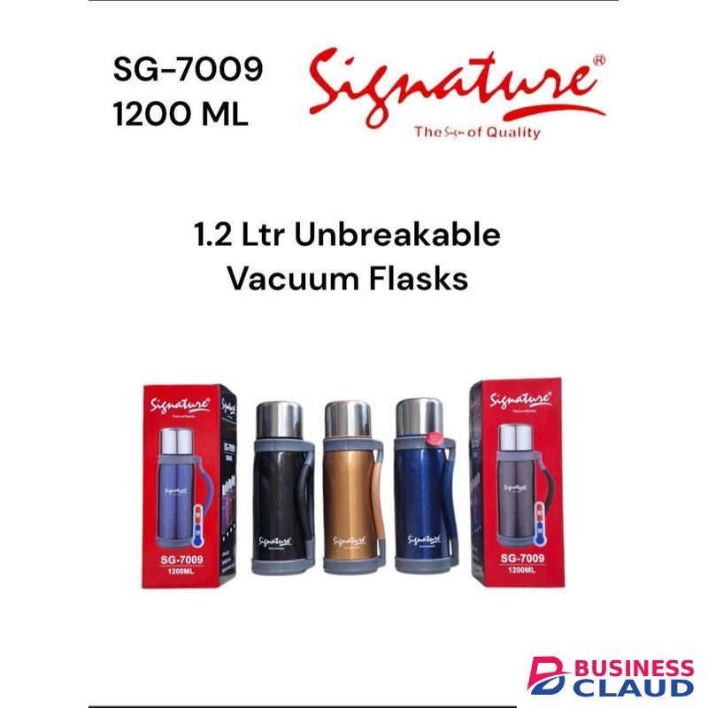 Signature 1.2ltr Stainless Steel Flask Vacuum Insulated Hot Cold Bottle Leak Proof Durable Travel Friendly Portable Thermos for Home Office Outdoor Use