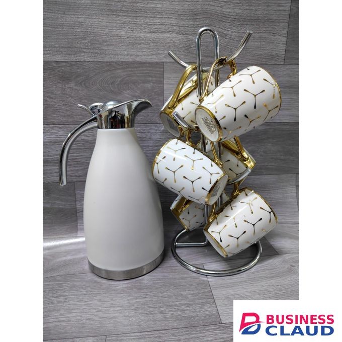 Gold Marble Tea Set Combo Elegant Marble Flask with Gold Cups Premium Tea Serving Set for Home, Office, Parties, and Gifting with Stylish Durable Design for Daily Use