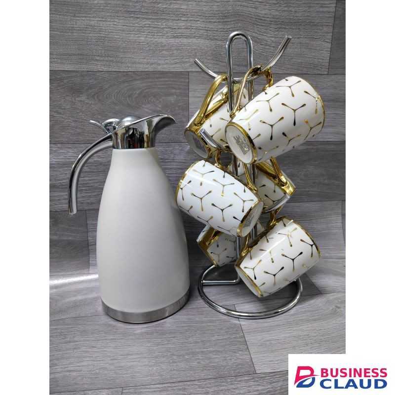 Gold Marble Tea Set Combo Elegant Marble Flask with Gold Cups Premium Tea Serving Set for Home, Office, Parties, and Gifting with Stylish Durable Design for Daily Use