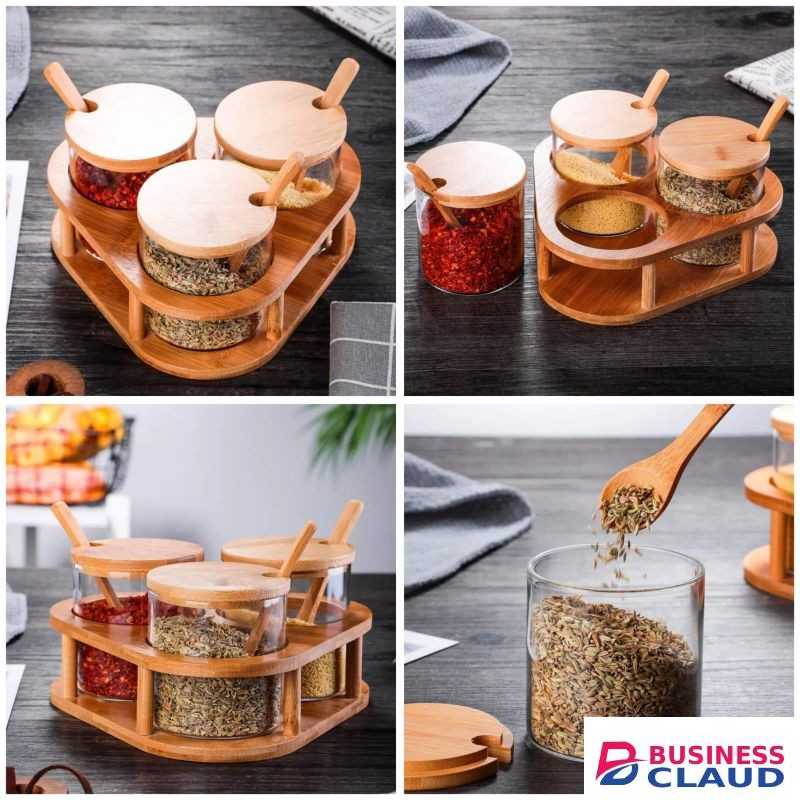 3 PCS GLASS SPICE CONTAINERS(15OZ) WITH BAMBOO HOLDER