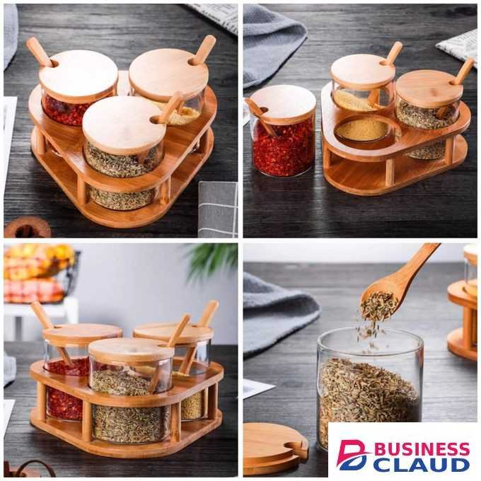3 PCS GLASS SPICE CONTAINERS(15OZ) WITH BAMBOO HOLDER