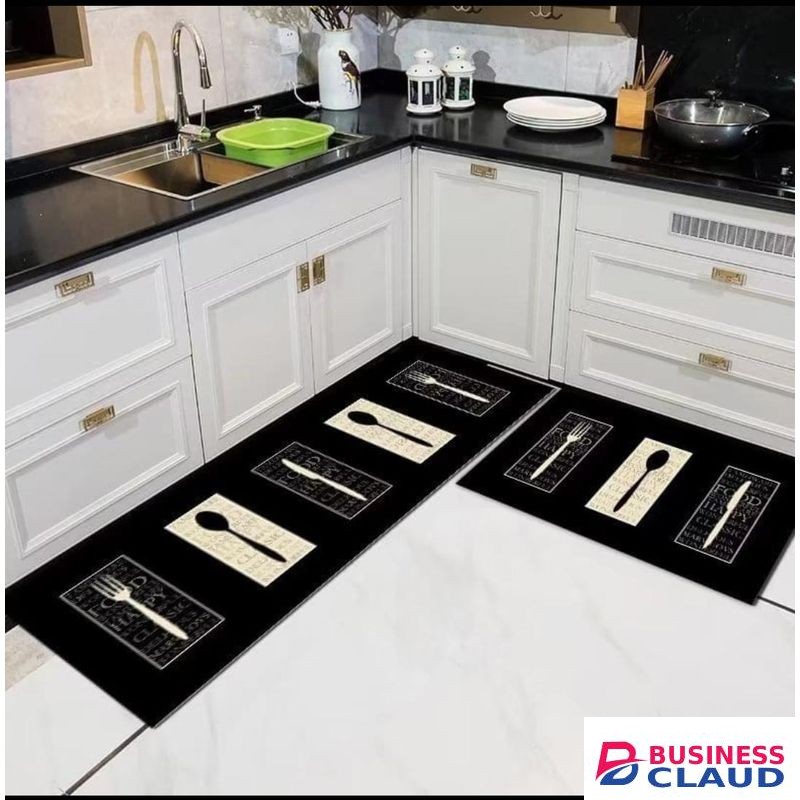 2pc kitchen Cutlery themed Non-Slip ,Washable,Rubber Kitchen Mat Set Rugs for Kitchen Floor