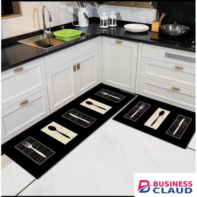 2pc kitchen Cutlery themed Non-Slip ,Washable,Rubber Kitchen Mat Set Rugs for Kitchen Floor