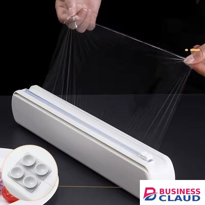 Premium Cling Film Dispenser with Cutter, Refillable Plastic Wrap Storage Box with Suction Cup & Magnet, Easy Storage & Precise Cutting for Kitchen Organization