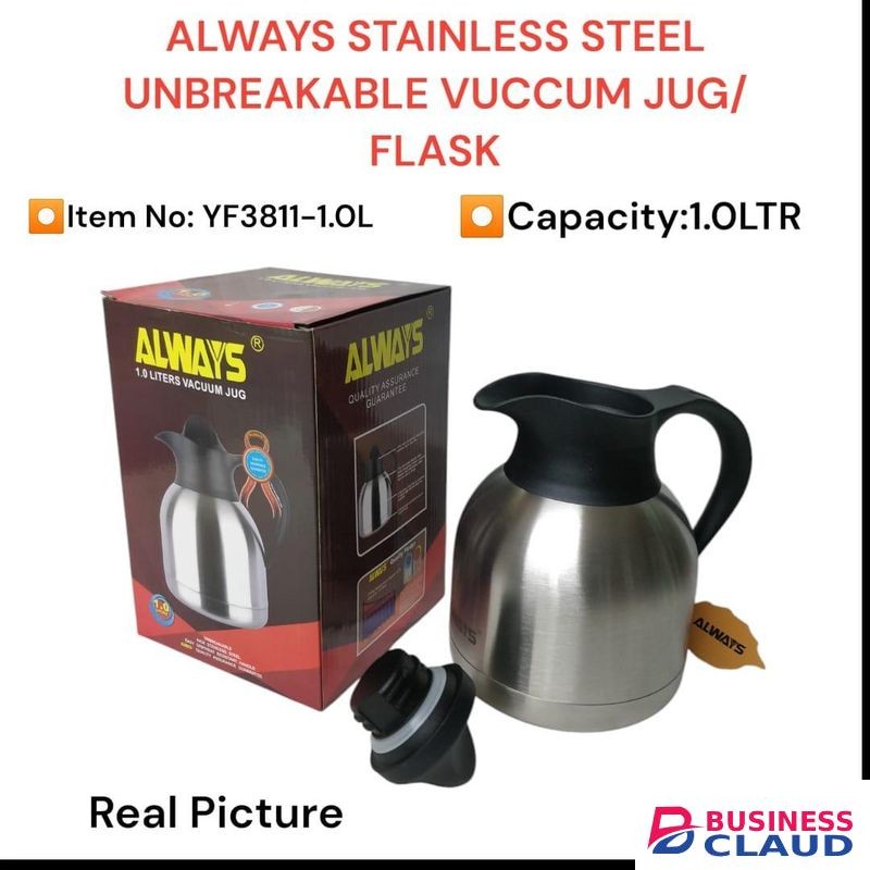 Always Stainless Steel Unbreakable Vacuum Jug Flask 1.0Ltr, Durable Thermal Flask for Hot and Cold Beverages, 24-Hour Temperature Retention, Easy Grip Handle, Dishwasher Safe, Premium Quality