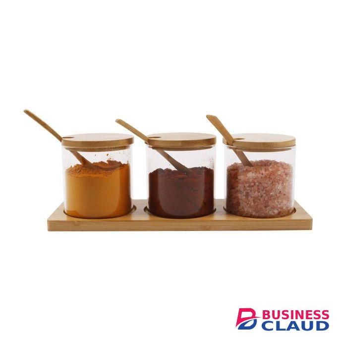 High quality 3in1 glass sugar set with bamboo stand, lids and spoons - colourless transparent