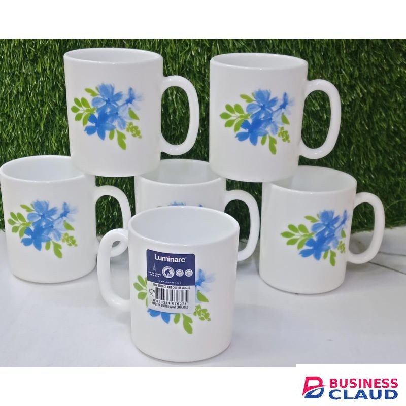 Luminarc 6pcs Tea Coffee Opal Glass Flower Blue Prints Cup Mug