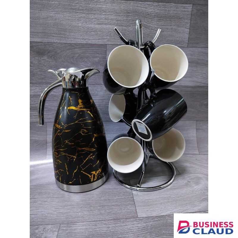 Luxury Thermos Flask & 6-Piece Mug Tree Set – Black & Gold Marble Finish