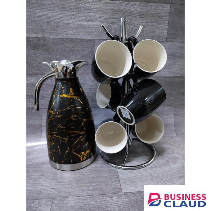 Luxury Thermos Flask & 6-Piece Mug Tree Set – Black & Gold Marble Finish