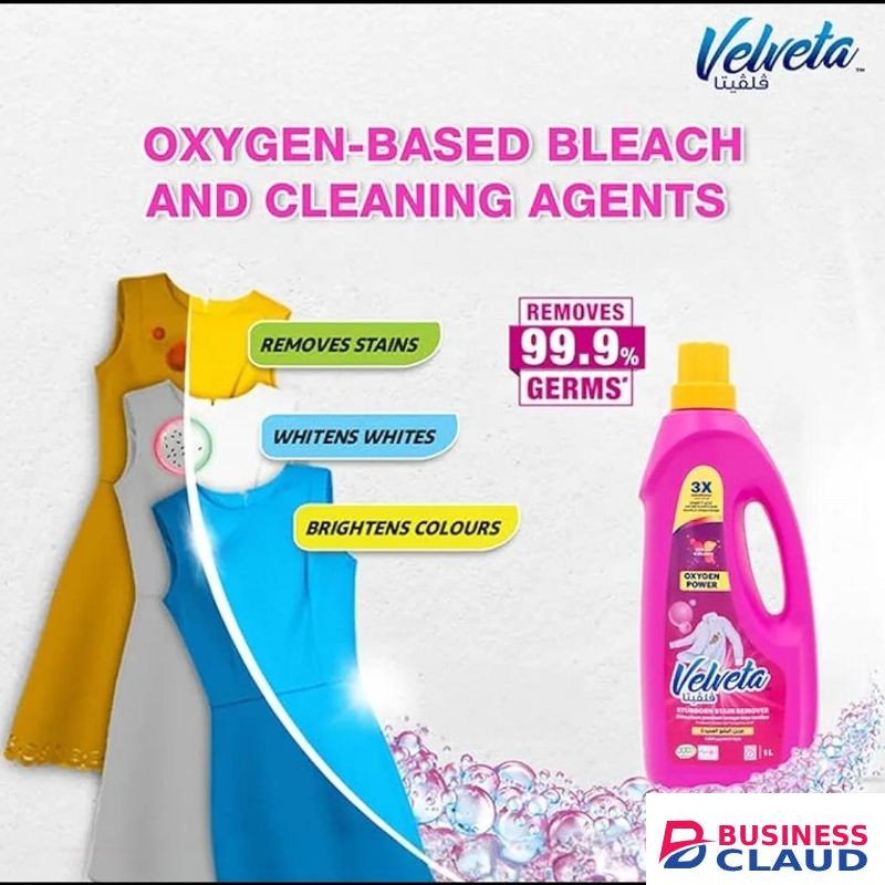Velvetta 3x Stronger Cleaning Formula Oxygen Power Stubborn Stain Remover 1 L Rosemary Scent. Designed for tackling tough stains.