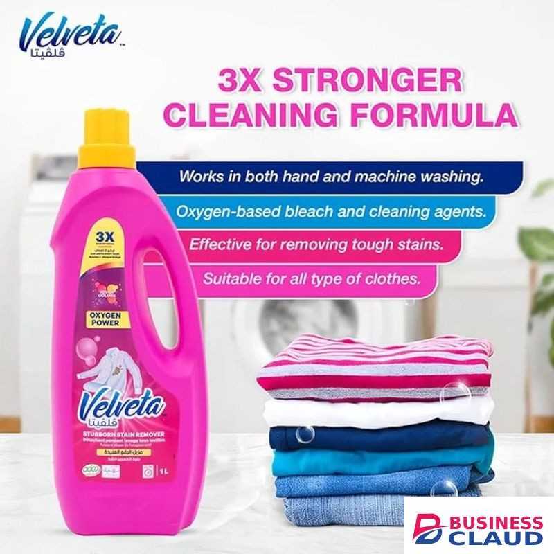Velvetta 3x Stronger Cleaning Formula Oxygen Power Stubborn Stain Remover 1 L Rosemary Scent. Designed for tackling tough stains.