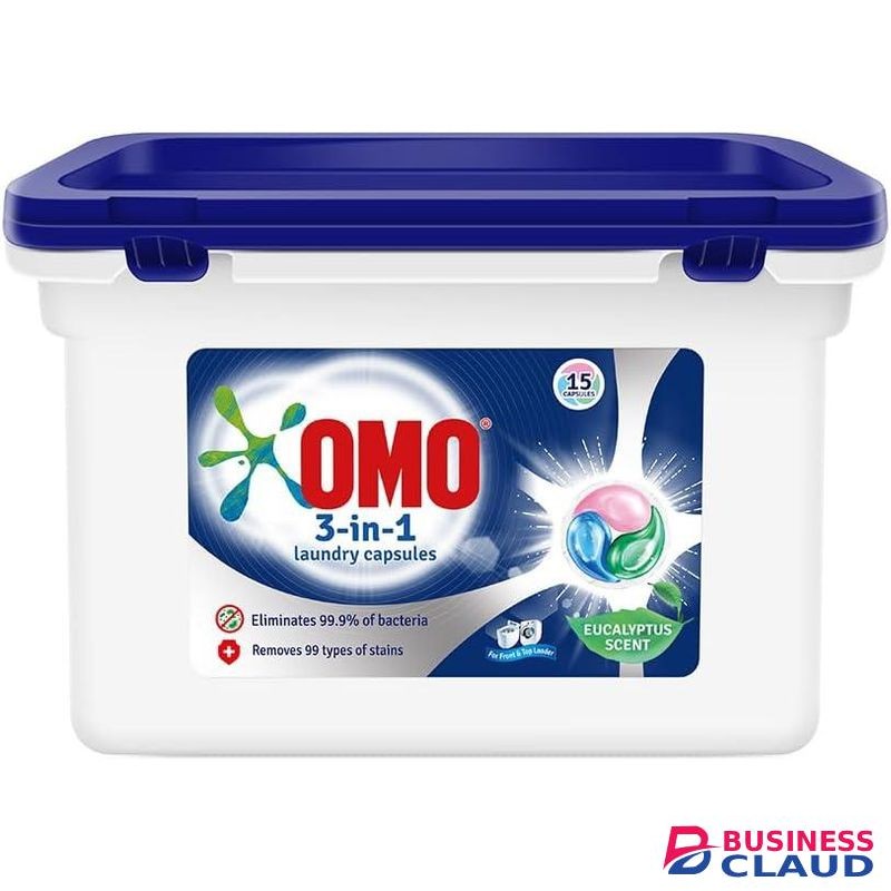 Omo 3-in-1 Laundry Capsules, Eucalyptus Stain Removal Detergent, 15 pods