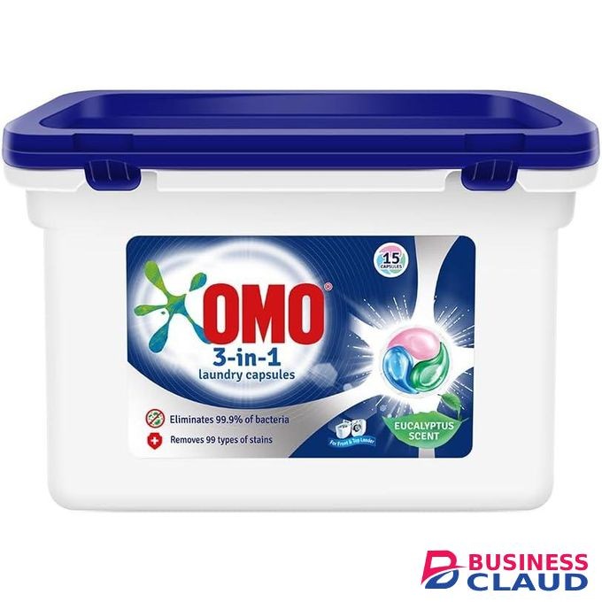Omo 3-in-1 Laundry Capsules, Eucalyptus Stain Removal Detergent, 15 pods