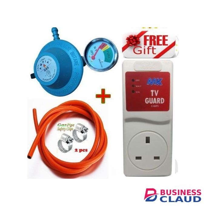Ampia GAS REGULATOR 13 KG CYLINDER GAUGE // 13 Kg Gas Cylinder Regulator With Level Gauge,Clips and 2M pipe // Gas Regulator with a meter + TV GUARD + CIPS AND PIPE