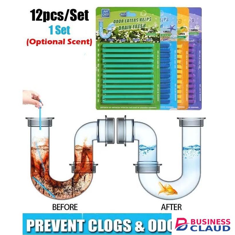 Air Oma 12pcs Odor Eaters - Keeps Drain Fresh (Optional Scent: Lavender/Ocean/Lemon/Jasmine) Drain Cleaner & Deodorizer Sticks for Clogs Kitchen Bathroom Sinks Toilet Cleaning Unclog Eliminate Odour of Pipes Enzyme Decontamination