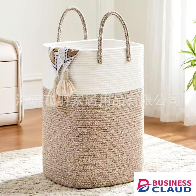 Laundry Basket Decorative Woven Cotton Rope Storage Hamper With Handles