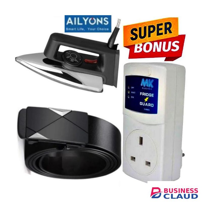 AILYONS Superior 1000W Electric Dry Iron Box– Teflon Soleplate For Smooth Glide + BONUS FRIDGE GUARD SURGE PROTECTOR & AUTOMATIC BUCKLE LEATHER BELT