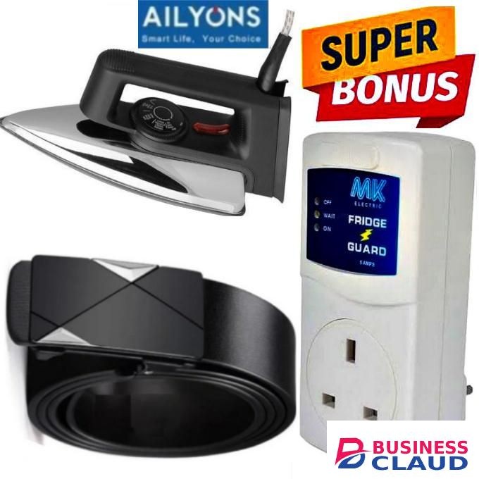 AILYONS Superior 1000W Electric Dry Iron Box– Teflon Soleplate For Smooth Glide + BONUS FRIDGE GUARD SURGE PROTECTOR & AUTOMATIC BUCKLE LEATHER BELT