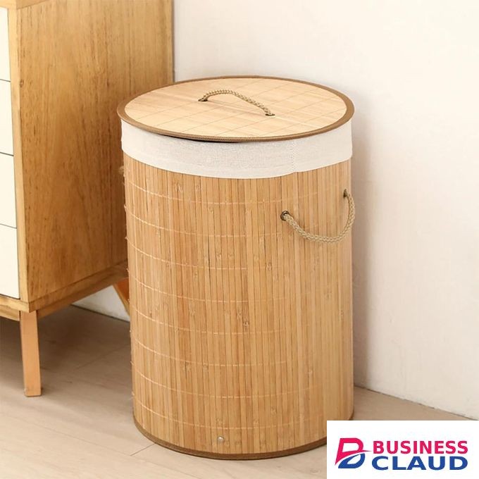 Foldable Round Bamboo Laundry Basket Laundry Bag Natural Color Round with Lid and Handle Wooden Laundry Basket