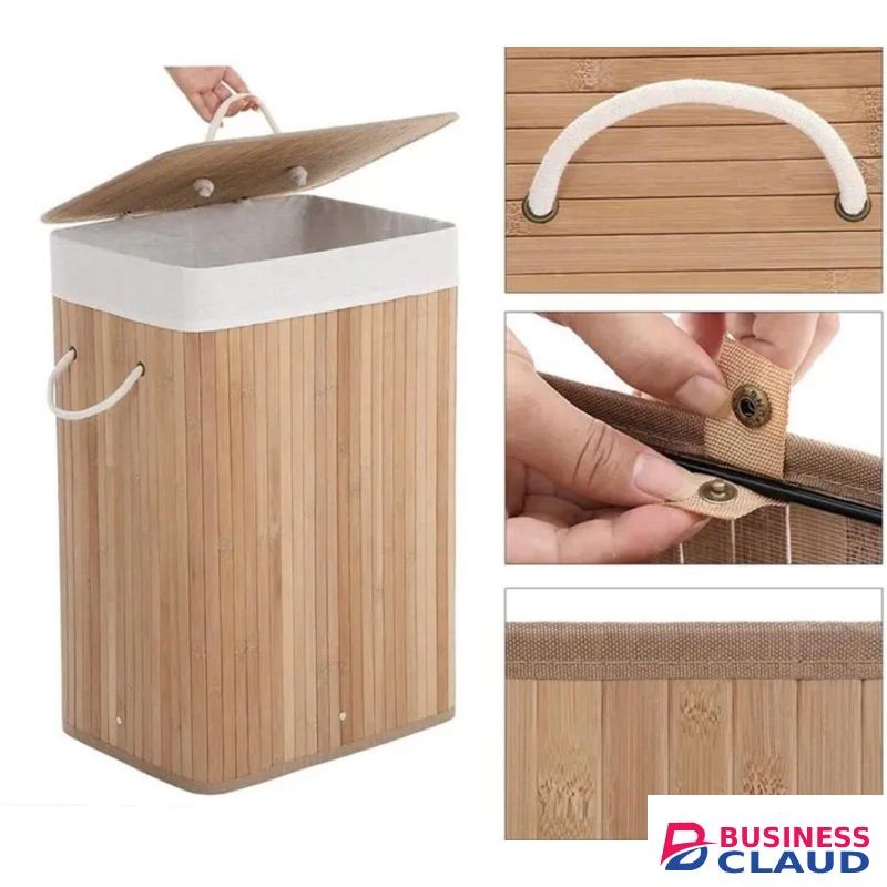 FOLDABLE LARGE BAMBOO WOOD STORAGE LAUNDRY BASKET WITH LID COVER