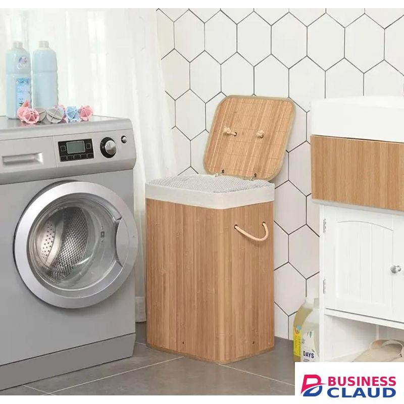 FOLDABLE LARGE BAMBOO WOOD STORAGE LAUNDRY BASKET WITH LID COVER
