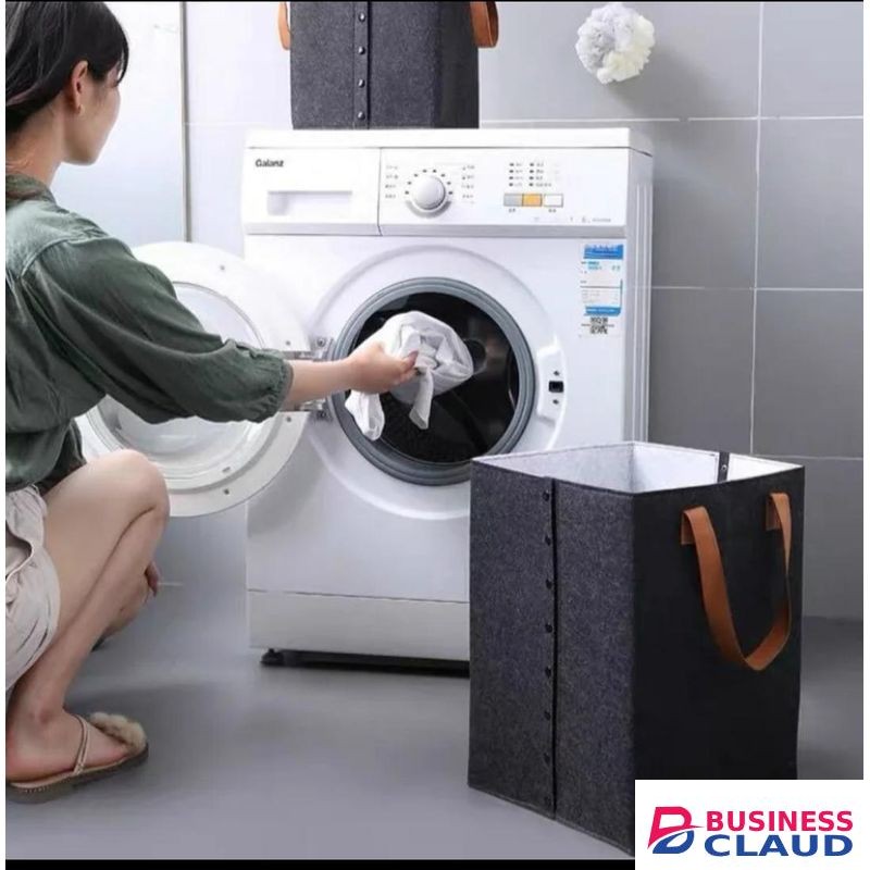 Foldable laundry basket with leather handles