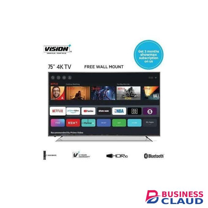 Vision Plus 75 Inch 4K Frameless V + OS Smart TV + FREE Wall Mount & TV Guard & 2 Years Warranty