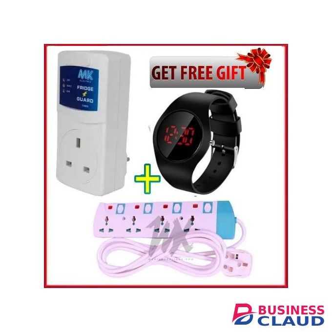MK Electronics Fridge Guard,Surge Protector,super Quality + 4 Way power extension cable & Watch Bonus