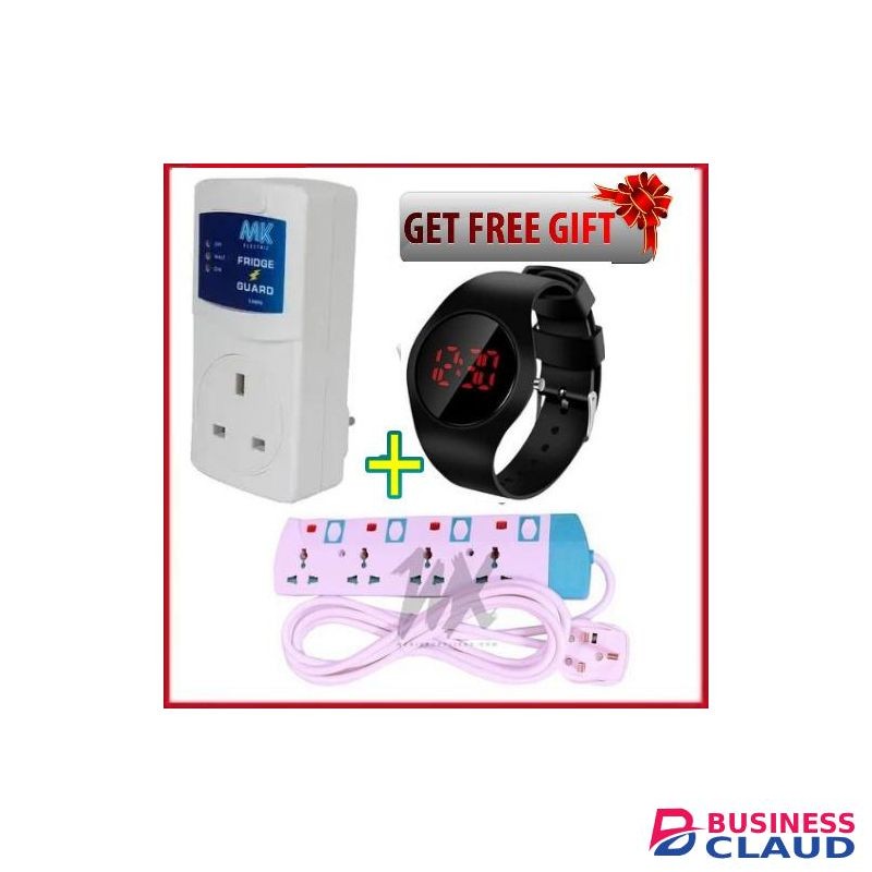 MK Electronics Fridge Guard,Surge Protector,super Quality + 4 Way power extension cable & Watch Bonus
