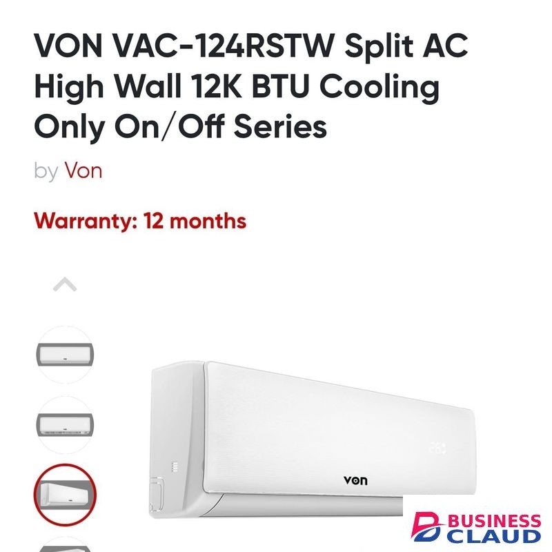 VON Split AC High Wall 12000 BTU Cooling Only On/Off Series AIR CONDITIONER