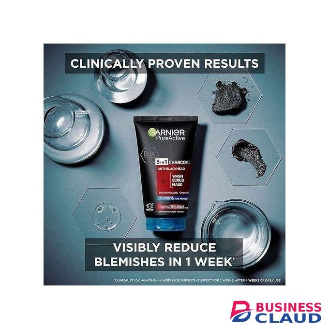 Garnier Pure Active 3-in-1 Anti Blackhead, Wash, Scrub, Mask, with BHA (Salycilic Acid) and Charcoal for Acne Prone Skin and Blackheads, 100ml