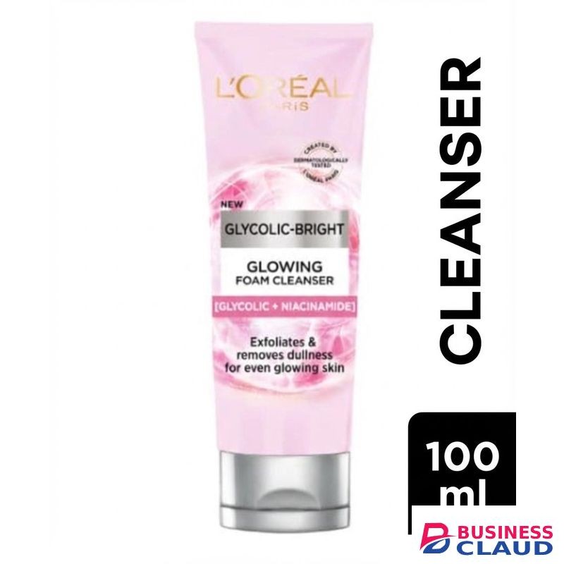 L'Oréal Glycolic Bright Face Daily Foam Cleanser, Infused with Glycolic Acid to Exfoliate and Remove Dullness for Even Glowing Skin - 100ml