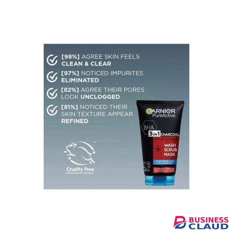 Garnier Pure Active 3-in-1 Anti Blackhead, Wash, Scrub, Mask, with BHA (Salycilic Acid) and Charcoal for Acne Prone Skin and Blackheads, 50ml