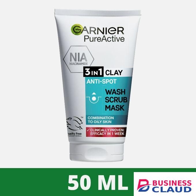 Garnier Pure Active Cleanser 3IN1 Clay Anti-Spot Wash, Scrub, Mask With Niacinamide + Clay, Scientifically Proven To Reduces Imperfection In 1 Week - 50ml