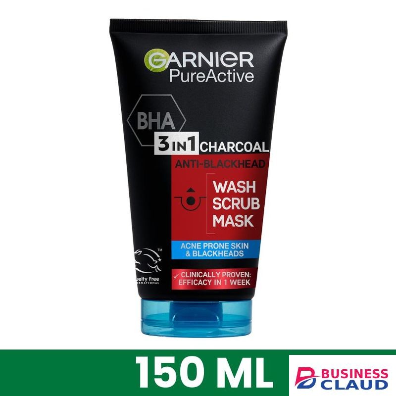 Garnier Pure Active 3-in-1 Anti Blackhead, Wash, Scrub, Mask, With BHA (Salycilic Acid) and Charcoal for Acne Prone Skin and Blackeads, 150ml